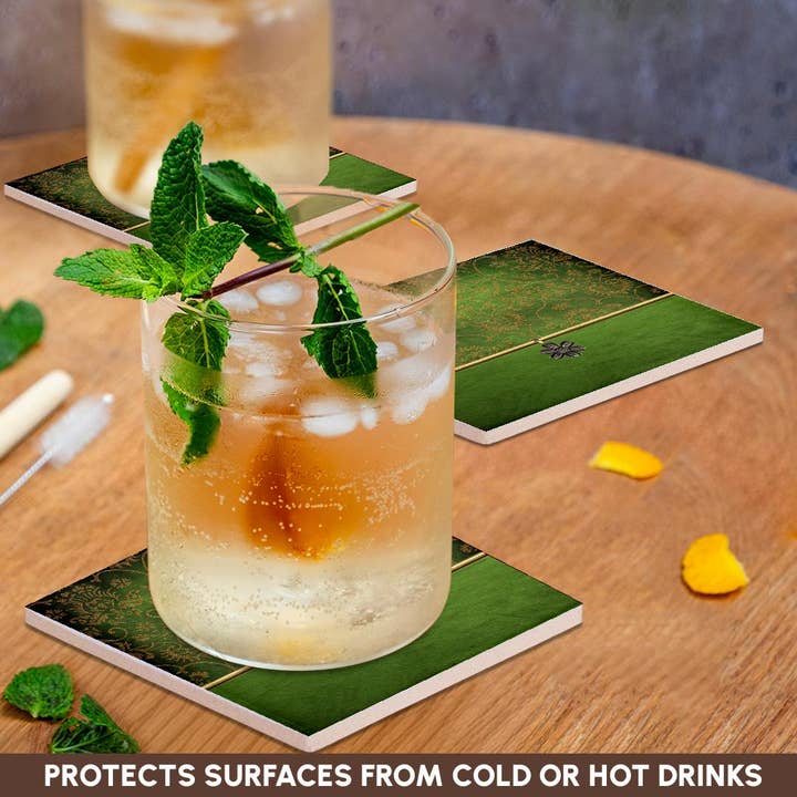 3dRose - Wholesale Coasters - 3dRose, Image of Elegant Damask and Flower Jewel Design Green and Gold, Coaster2