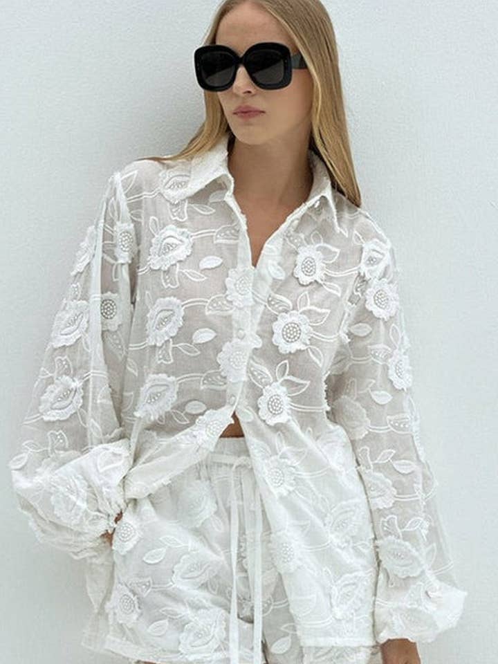 CWSTB1921_EMBROIDERED SHEER SHIRT & LACE SHORTS SET for wholesale by NINEXIS