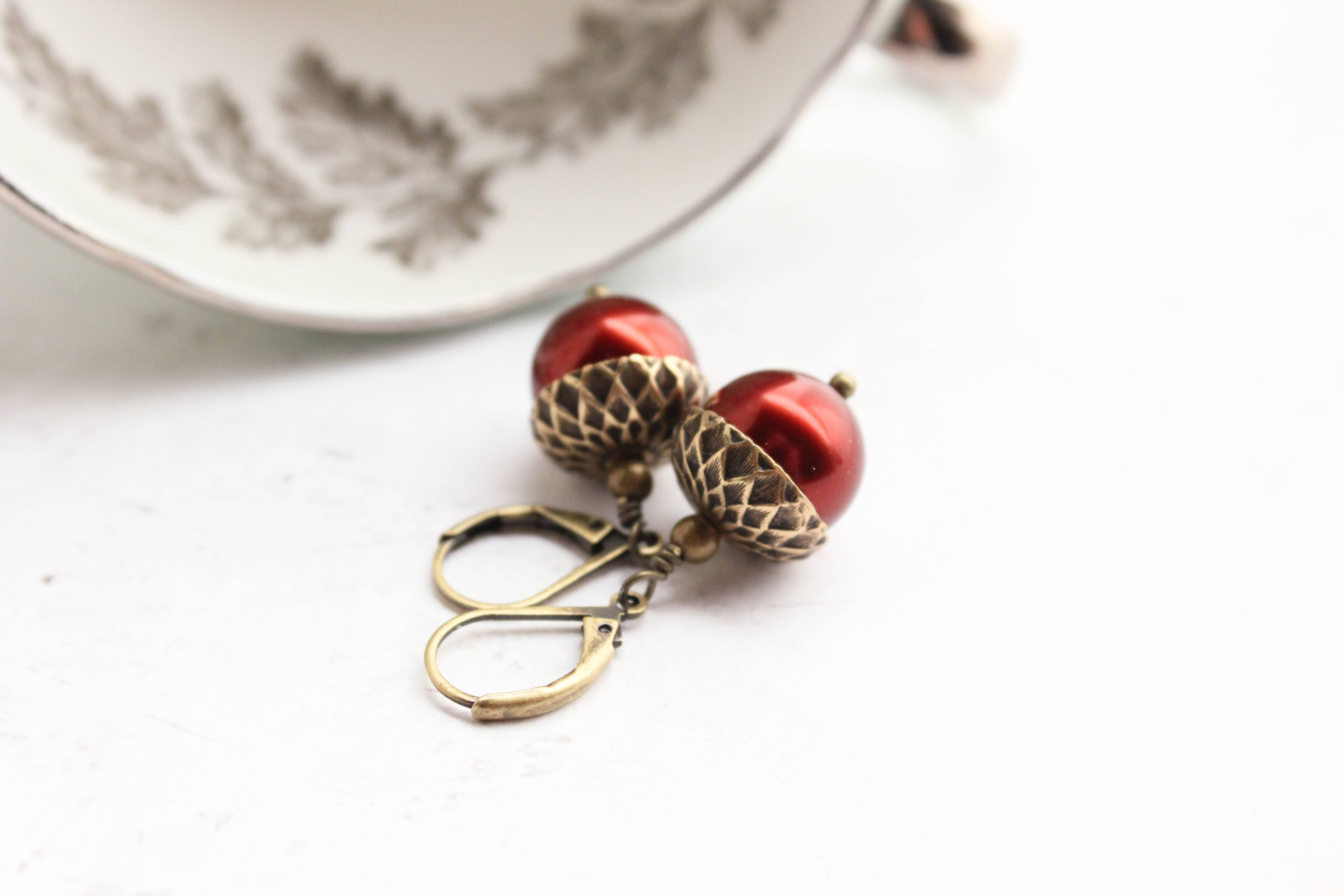 A Pocket of Posies - Wholesale Dangle Earrings - Pearl Acorn Earrings (21 Colors) - ANTIQUED BRASS5