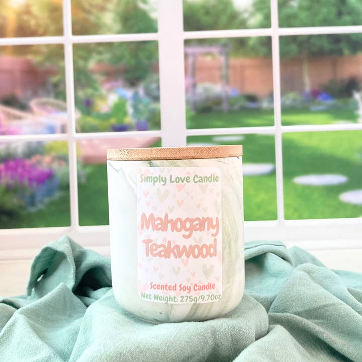 Simply Love Candle - Wholesale Jar/Filled Candle - Mahogany Teakwood 10 oz Marbled Ceramic Candle with lid 6