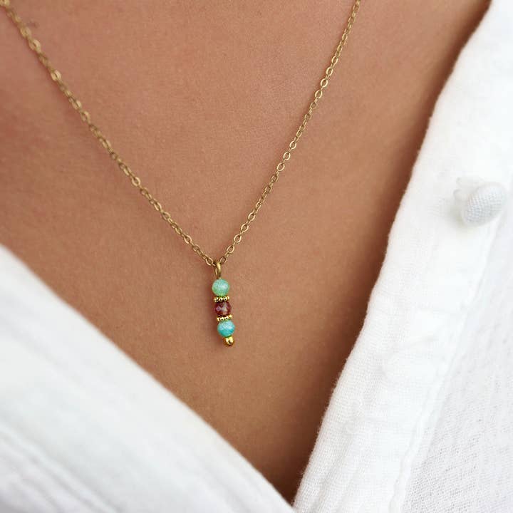 Minimalist natural stone necklace, long steel pendant for wholesale by Minalis