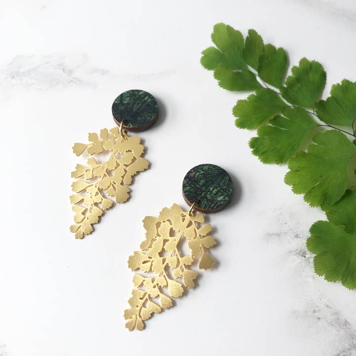 Maidenhair Fern Leaf Drop Earrings - Gold & Silver for wholesale by MicaPeet