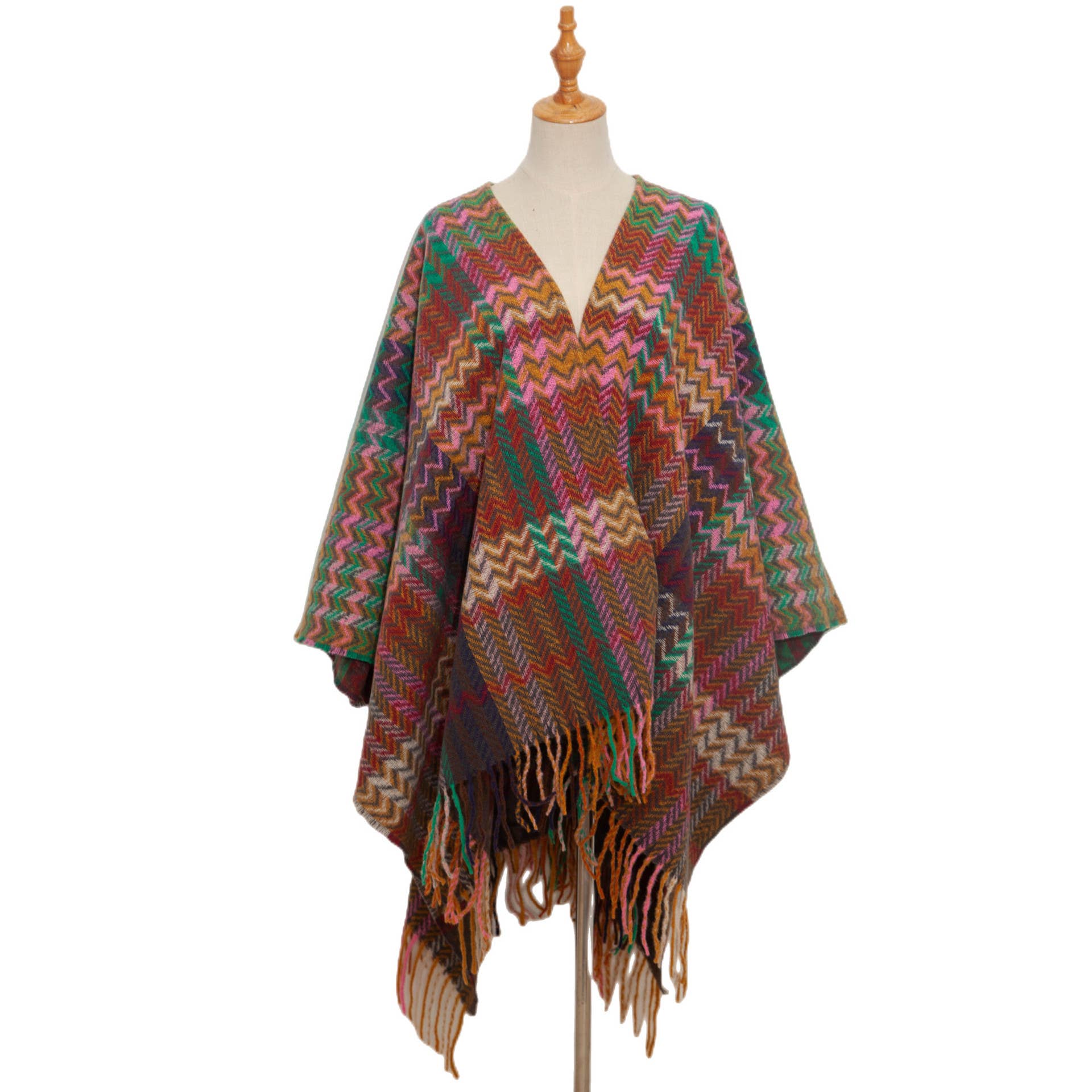 ePretty - Wholesale Poncho - Women's - Multi Color Chevron Printed Knit Wrap with Tassels Z1-PJP1216