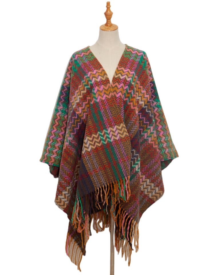 ePretty - Wholesale Poncho - Women's - Multi Color Chevron Printed Knit Wrap with Tassels Z1-PJP1216