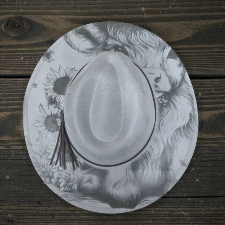 Flowers & Highland Cow Engraved Fedora Vegan Suede Hat for wholesale by The Kustom Edge
