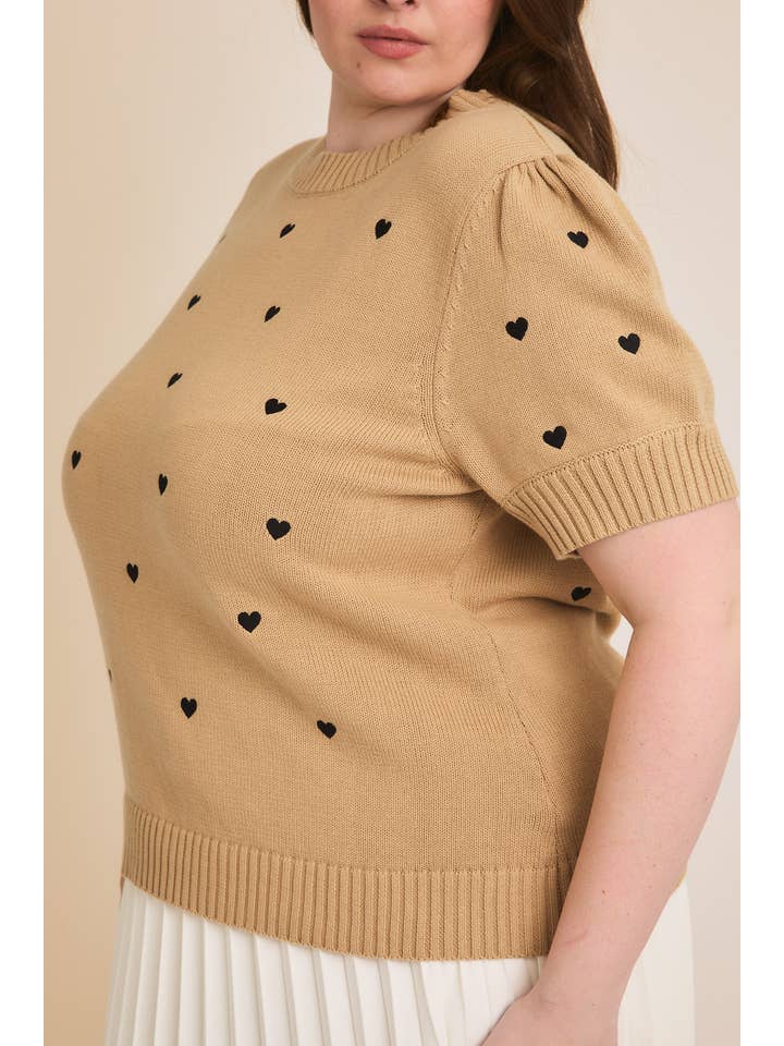 GILLI - Wholesale Knit Sweater - Women's - **PLUS** PUFF SHORT SLEEVE "HEART" EMBROIDERED SWEATER