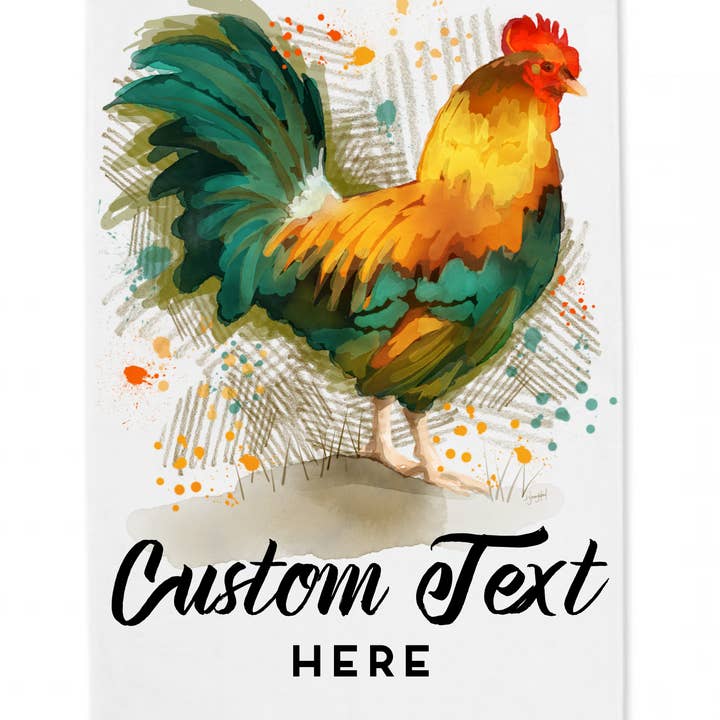 Watercolor Rooster Tea Towel - Custom Text for wholesale by Sweetgum Studio