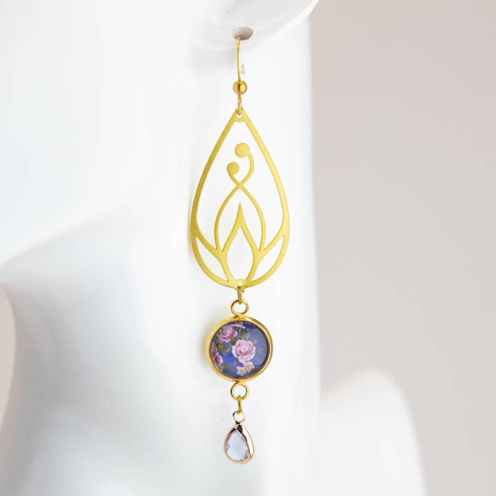 Periwinkle Dusk Art Nouveau Brass Earrings for wholesale by TAKENYA