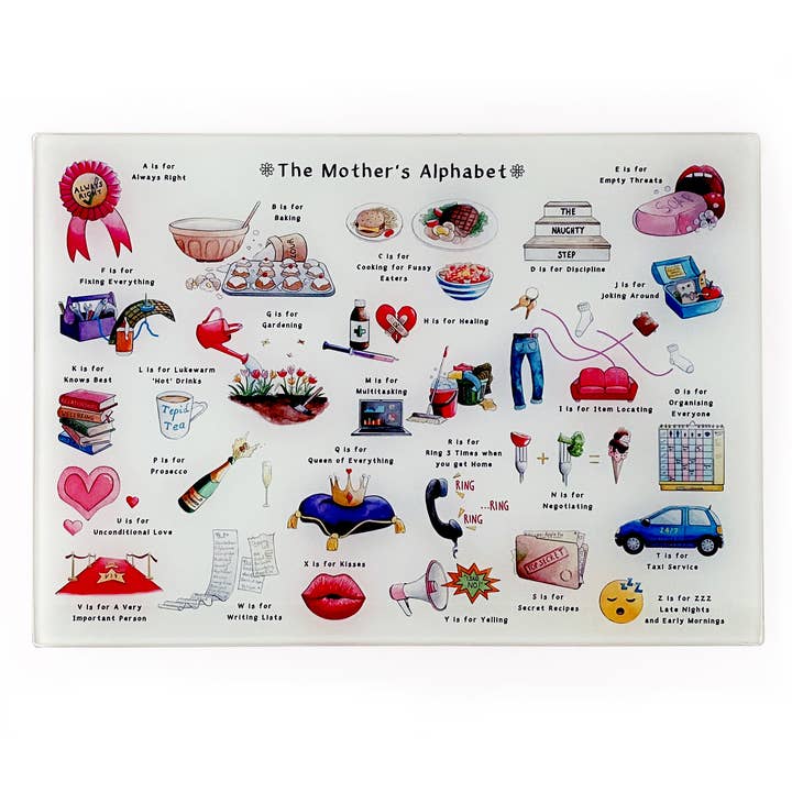 The Mother's Alphabet Glass Cutting Board for wholesale by Yeti Cards & Gifts