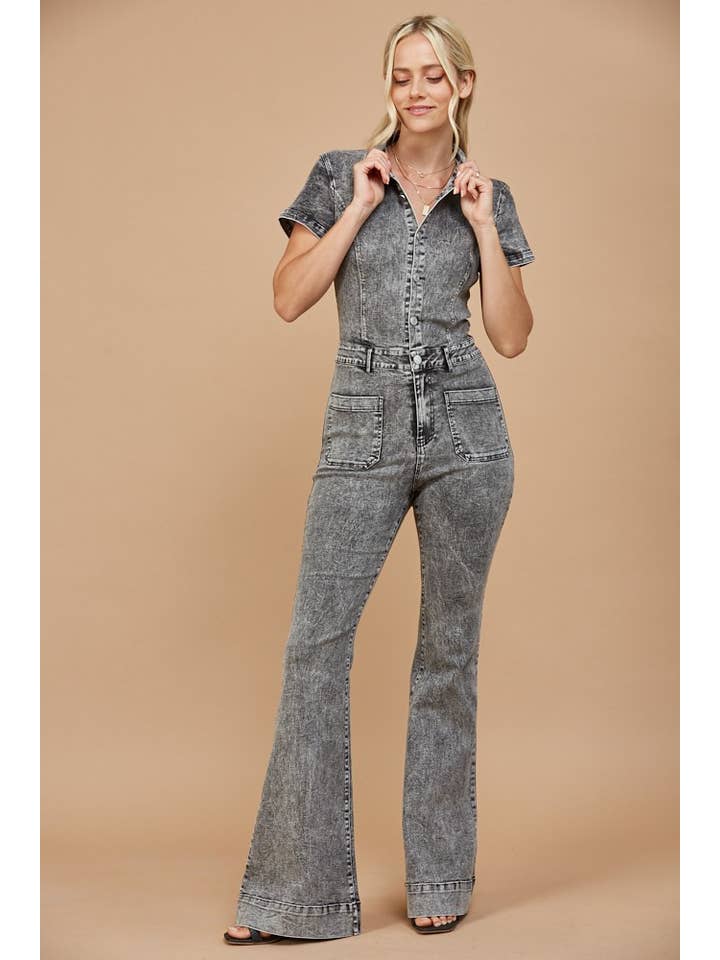 D GREY WESTERN BELLBOTTOM DENIM JUMPSUIT - 4330 DGREY for wholesale on Faire4