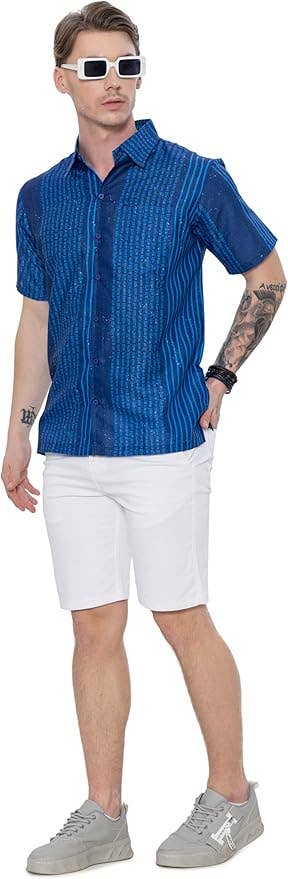 Blue HAPPY BAY  Linen Effect Mens Shirts Red Stripes P00437 for wholesale on Faire2