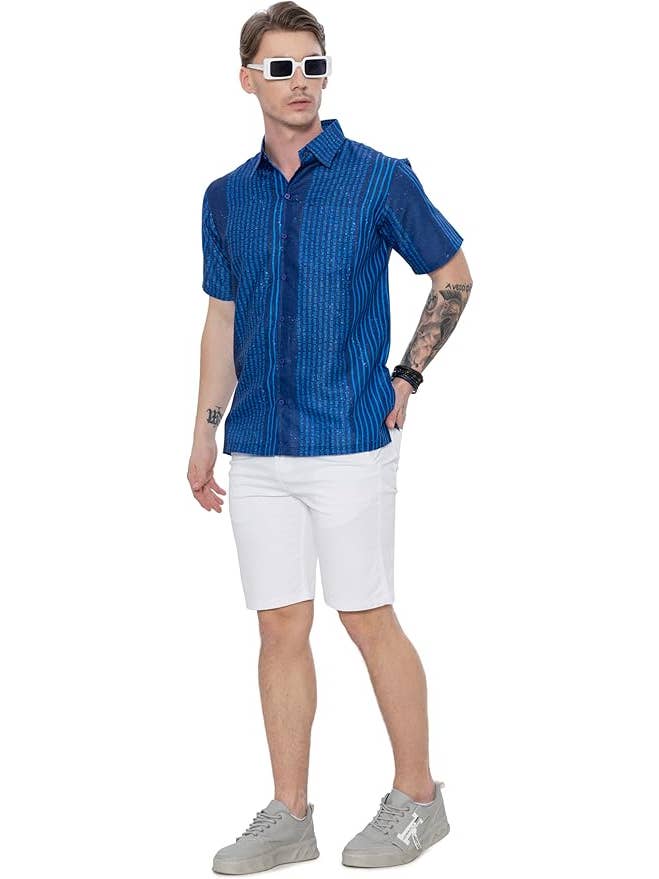 Blue HAPPY BAY Linen Effect Mens Shirts Red Stripes P00437 for wholesale on Faire2