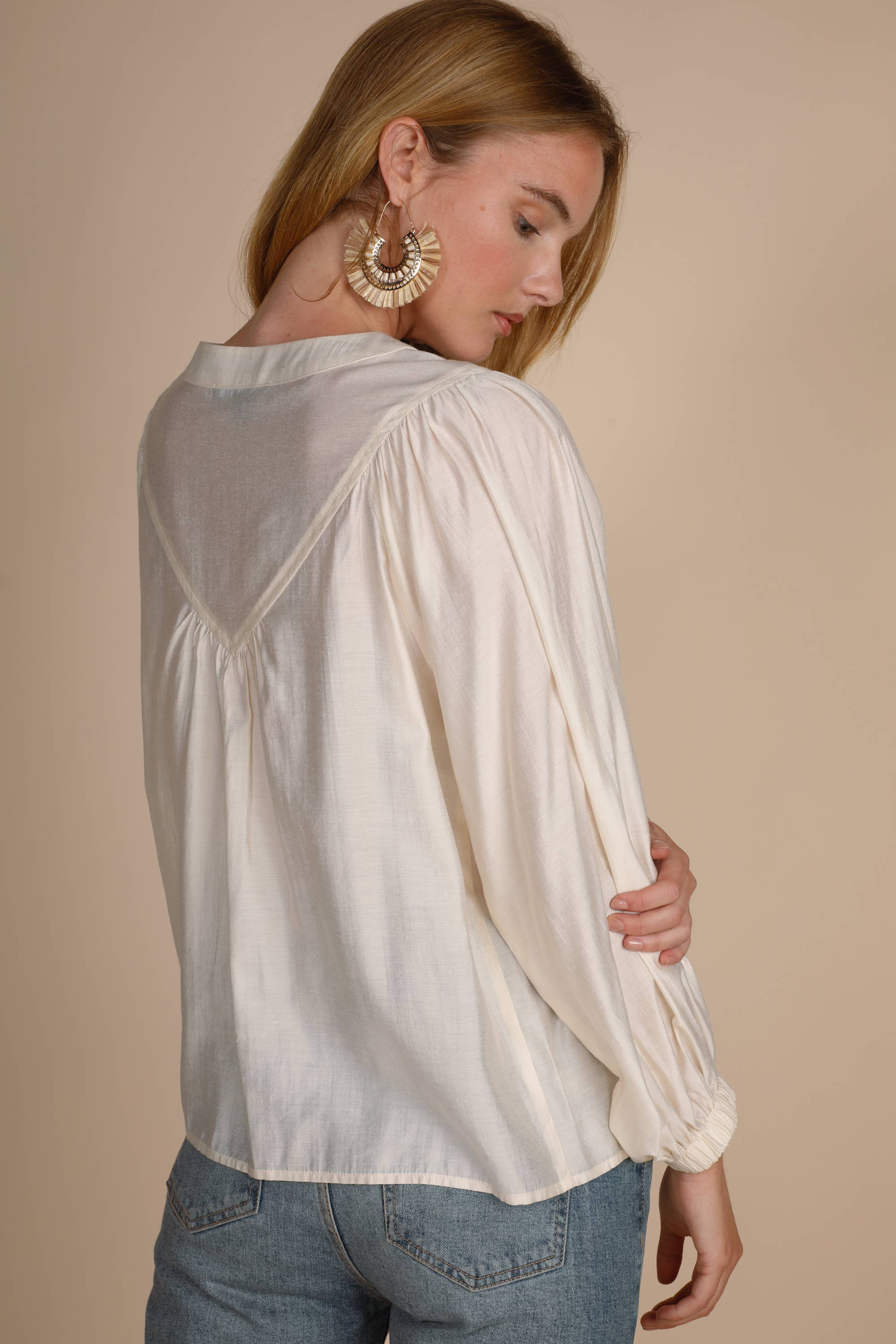 Hers & Mine - Wholesale Button Down Shirt - Women's - BUTTON DOWN V BIAS CUT BALLON SLV BLOUSE2