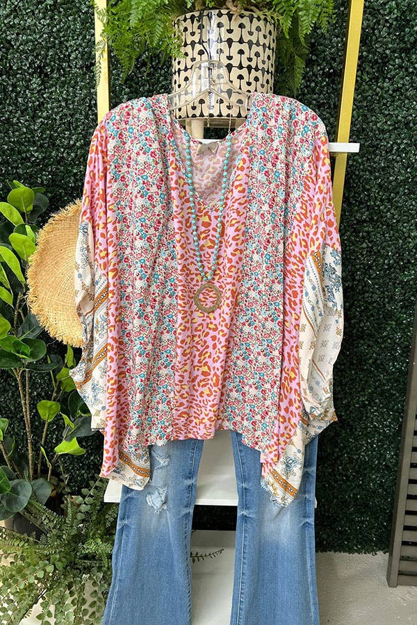 UNISHE - Wholesale Blouse - Women's - Color Block Patchwork Leopard Floral Bat Wing Sleeve Blouse1