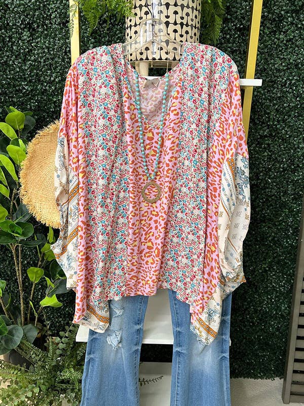 UNISHE - Wholesale Blouse - Women's - Color Block Patchwork Leopard Floral Bat Wing Sleeve Blouse1