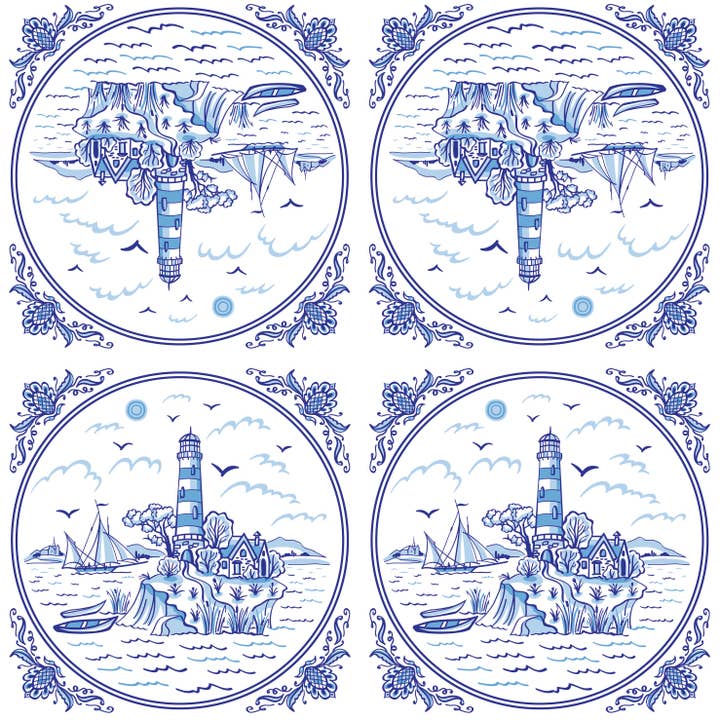 European Excellency - Wholesale Disposable Napkin - Blue Lighthouse Tile Cocktail Napkins - Nautical Napkins1