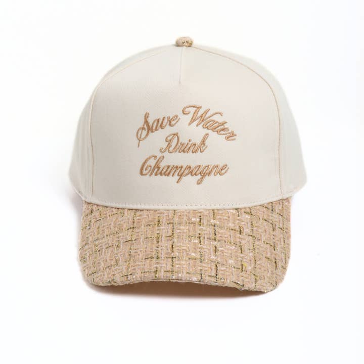 David And Young - Wholesale Baseball Cap - Women's - SAVE WATER DRINK CHAMPAGNE embroidered tweed brim cap5