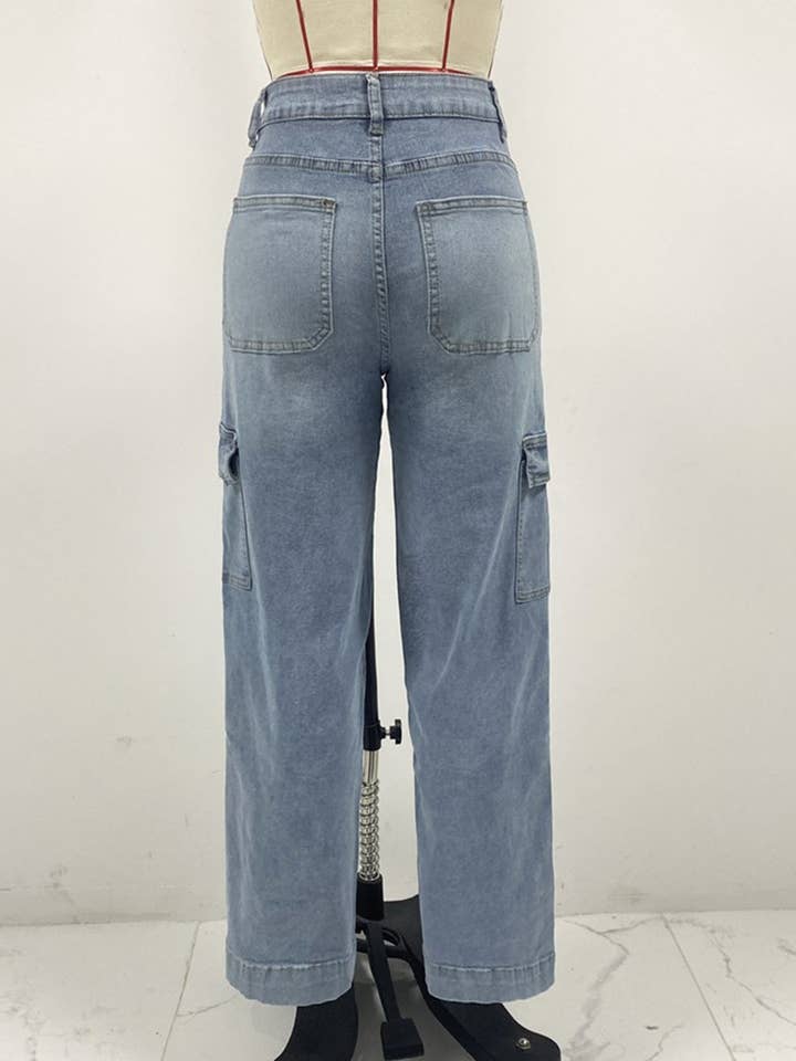 Light Blue Lace-Up Multi-Pocket Straight-Leg Denim Jeans for wholesale on Faire
