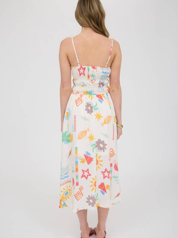 CREAM MULTI SUMMER PRINT SPAGHETTI STRAP MIDI SUNDRESS for wholesale on Faire