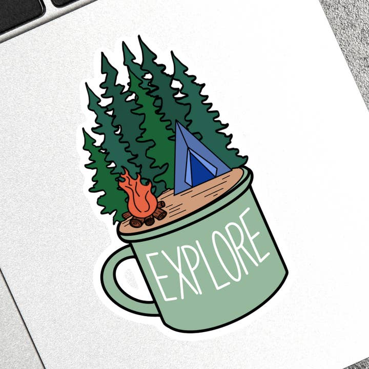 Explore Camp Mug Style Vinyl Waterproof Sticker for wholesale by Little Cabins Creative Co