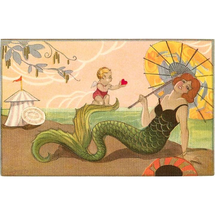Greeting Card TS-100 Mermaid with Cupid for wholesale by Found Image Press
