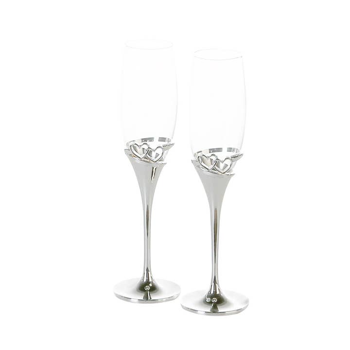 Gilde Handwerk Macrander GmbH & Co. KG - Wholesale Champagne Flute - Hearts Champagne Glasses, Silver, Height 27 cm, Set of 2