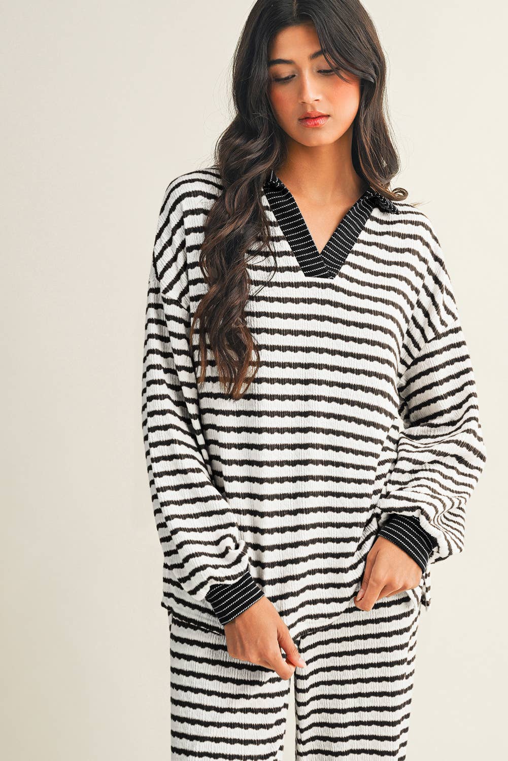 Little Daisy Closet - Wholesale Lounge Set - Women's -  LDC Stripe Collared Pullover Top and Drawstring Pant Set12