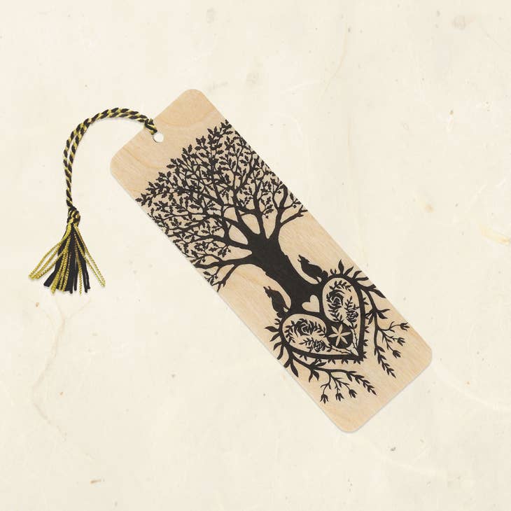 Black Cat and Poppies Wood Bookmark with Tassel
