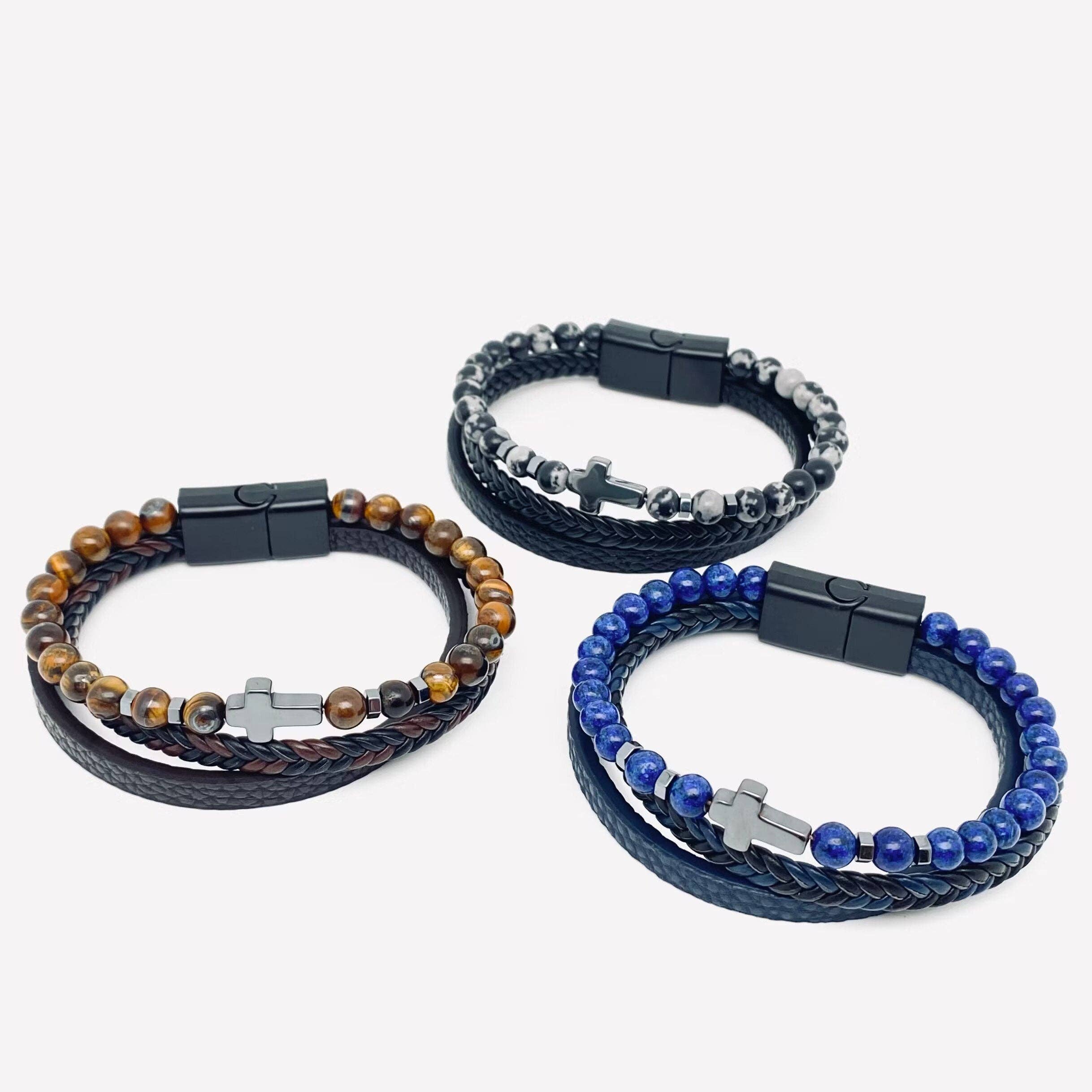 Mio Queena - Vente Bracelet jonc - Bracelet homme en cuir avec croix et perles en pierre naturelle - MJ/BC4