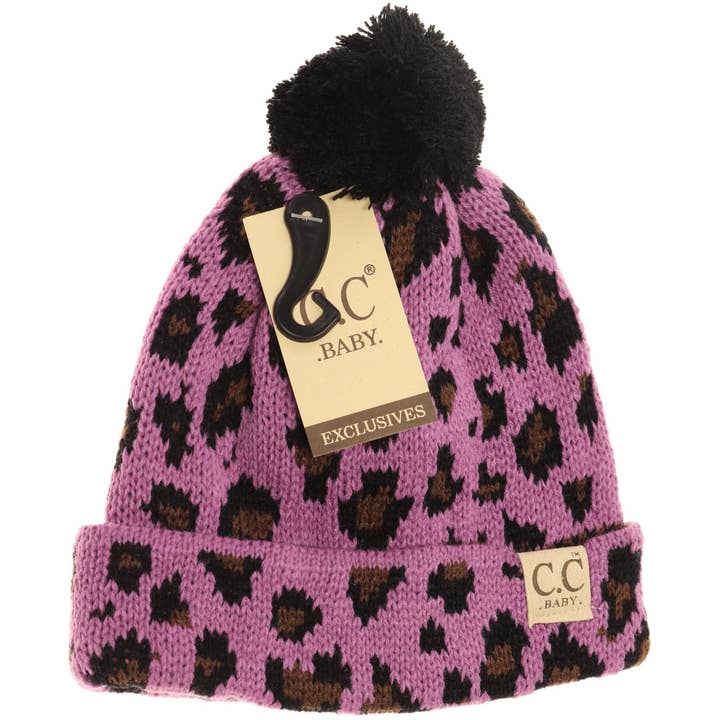 C.C Beanie - Wholesale Newborn/Knit Hat - Baby - Baby Leopard Single Pom Beanie BABY80POM2