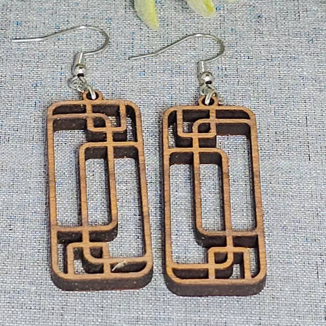Art Deco Wooden Earrings – Walnut Toned geometric for wholesale by Jennifer Hughey