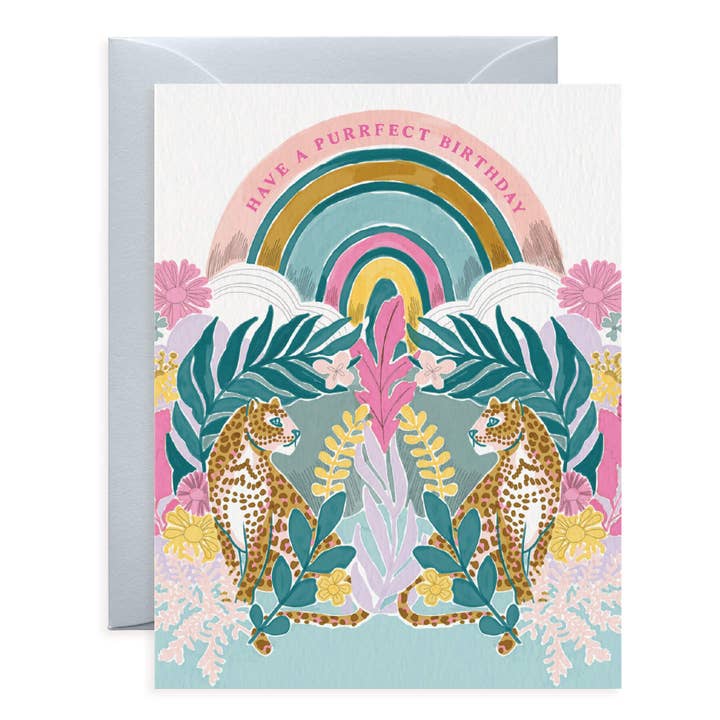 Leopard Daydream Birthday Card | Cat & Rainbow Card for wholesale by O.O.M.F. Creative