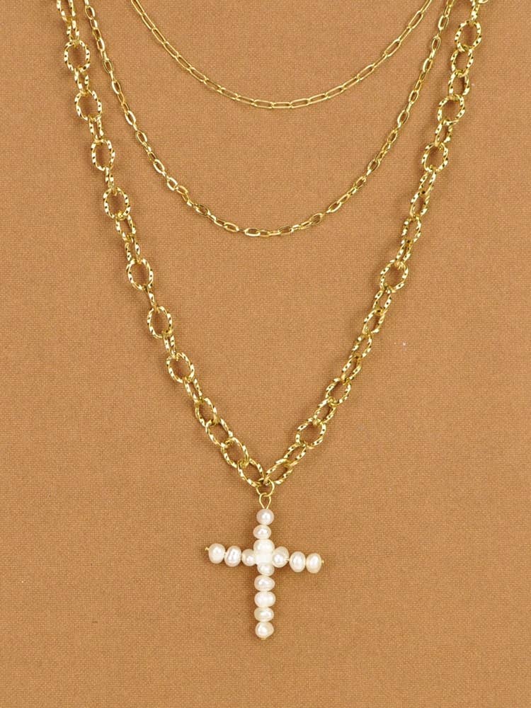 oro Collana a tripla catena in acciaio inox con croce di perle in vendita all'ingrosso su Faire1