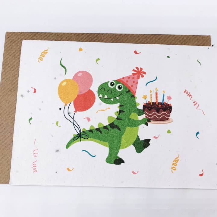 PlanetWrapIt - Wholesale Birthday card - Plantable Greetings Card - Dinosaur holding Cake
