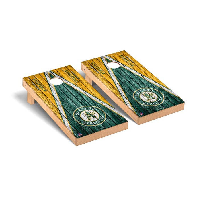 Oakland Athletics Triangle Weathered Cornhole Set for wholesale by Skip's Garage