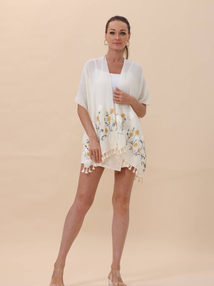 Leto Accessories - Wholesale Kimono - Women's - Floral Embroidered Tassel Hem Kimono Cardigan