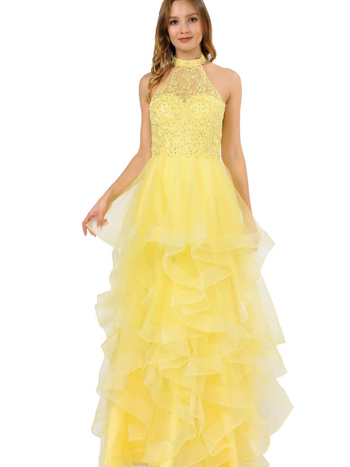 8372 Light colors halter lace and mesh long dress. for wholesale by POLY USA