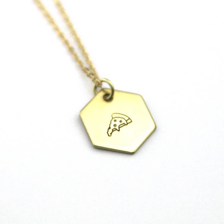 Pizza Brass Hand Stamped Hexagon Necklace for wholesale by Peachtree Lane Co.