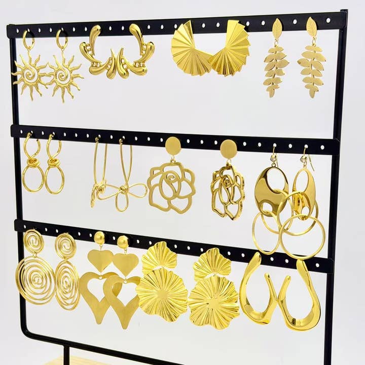 COSMOS - Wholesale Jewelry Set - Lot of 12 pairs of stainless steel earrings on display1
