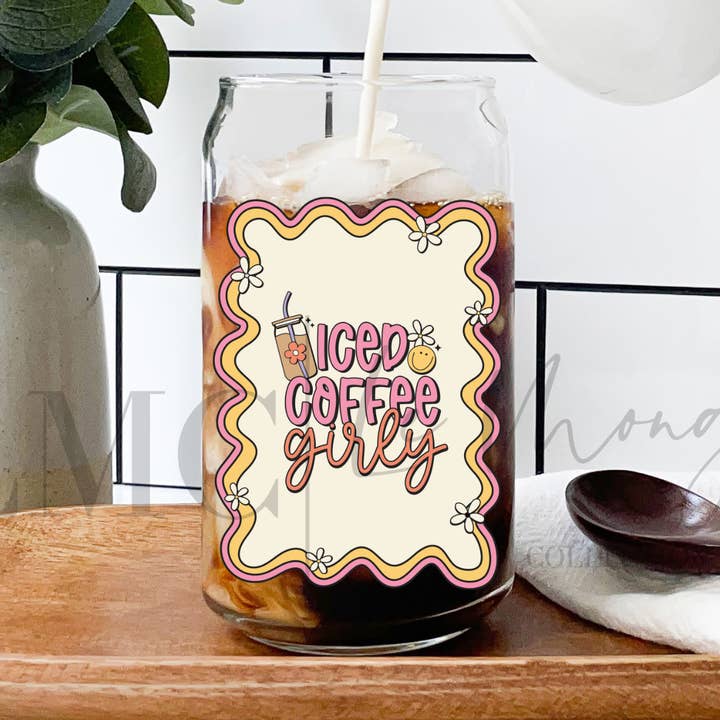 Iced Coffee Girly Glass Can, Groovy Trendy Libbey Glass Can for wholesale by Le Monge Collections, LLC