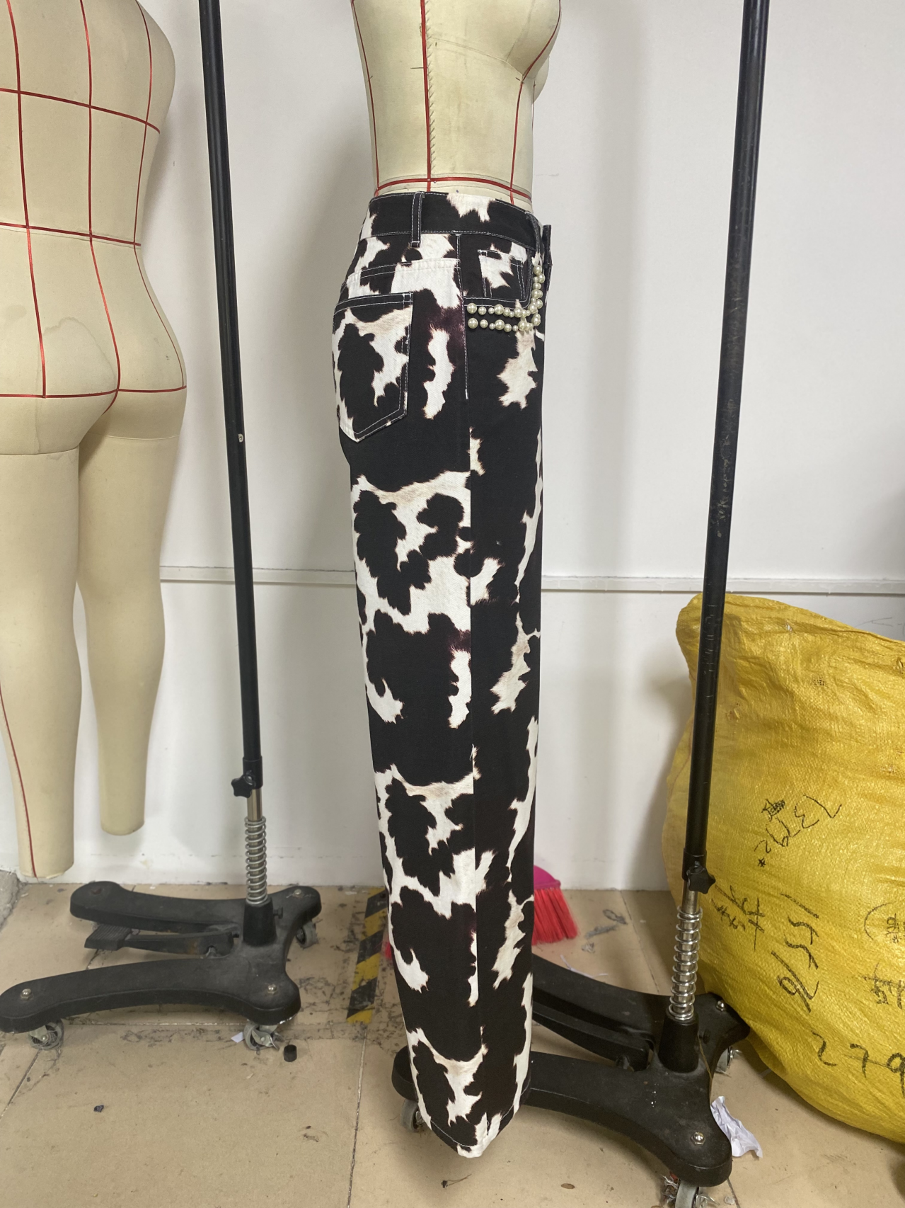 Picture Color Pearl Trim Printed Denim Pants for wholesale on Faire2