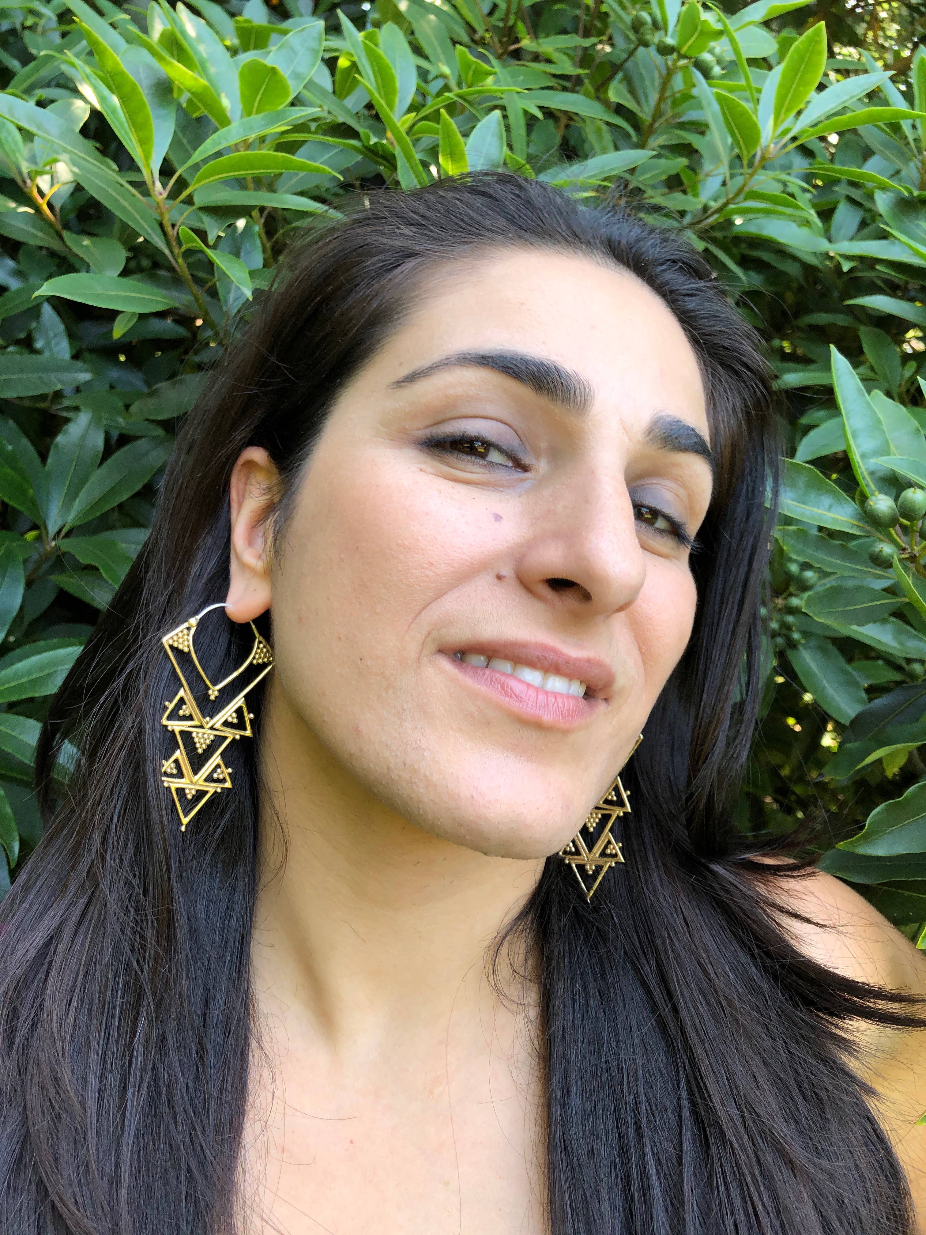 JAYA MOKSHA - Wholesale Dangle Earrings - Brass Tribal Boho Chandelier Earrings / Gold Triangle Hoops 9