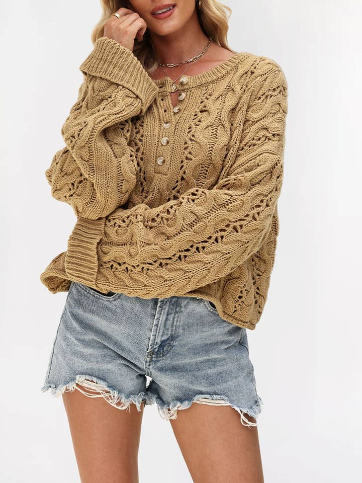 Rosa Clothing - Wholesale Knit Sweater - Women's - Oversized Half button Cable knit sweater pullover10