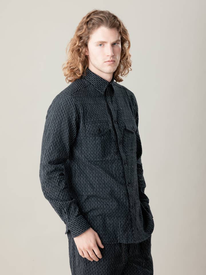 Mazdoor Shirt Distortion Weave Black for wholesale by Umber and Ochre