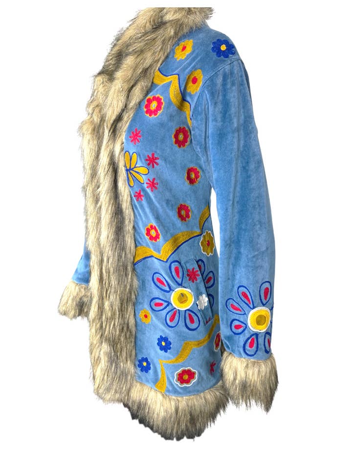 Blue Boho Bloom Faux Fur Penny Lane Trim Jacket for wholesale on Faire
