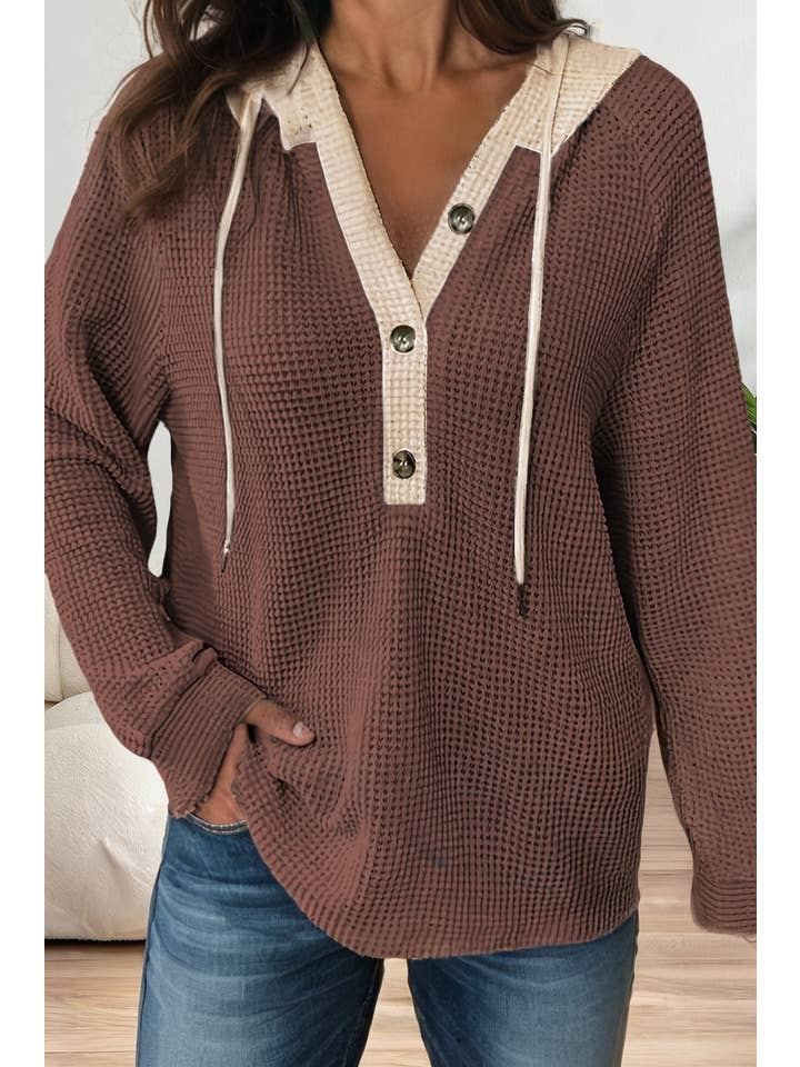 LA Society - Vente Sweat à capuche – femme - Haut à capuche à demi-boutonné en maille gaufrée contrastée