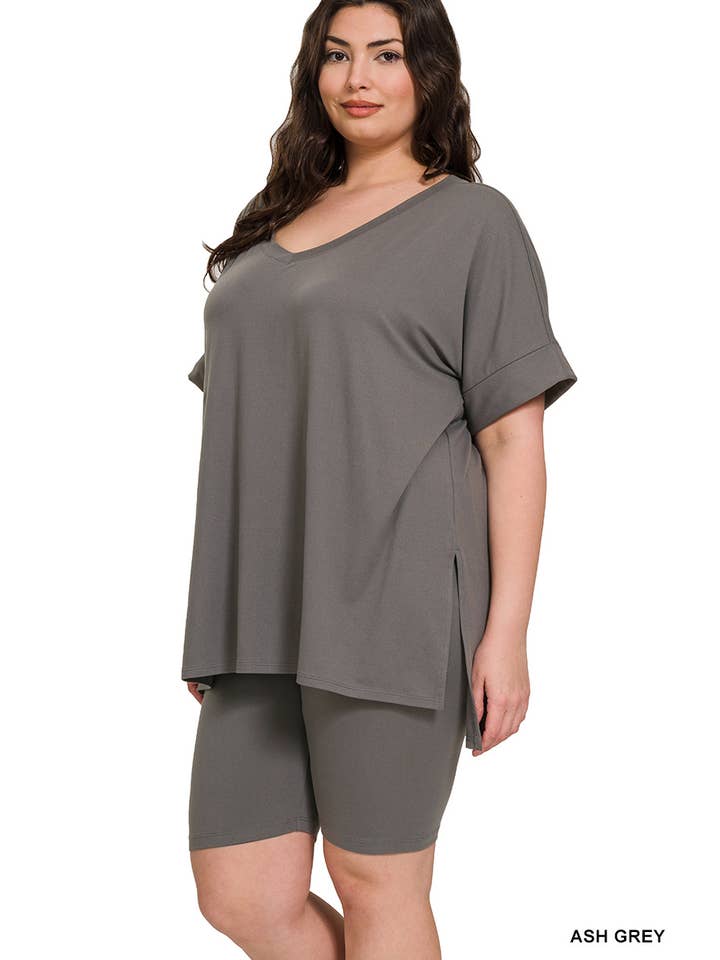 Vanilla Monkey - Wholesale Top & Pant Set (NOT Loungewear) - Women's - Plus Brushed Dty Microfiber V-neck Top And Biker