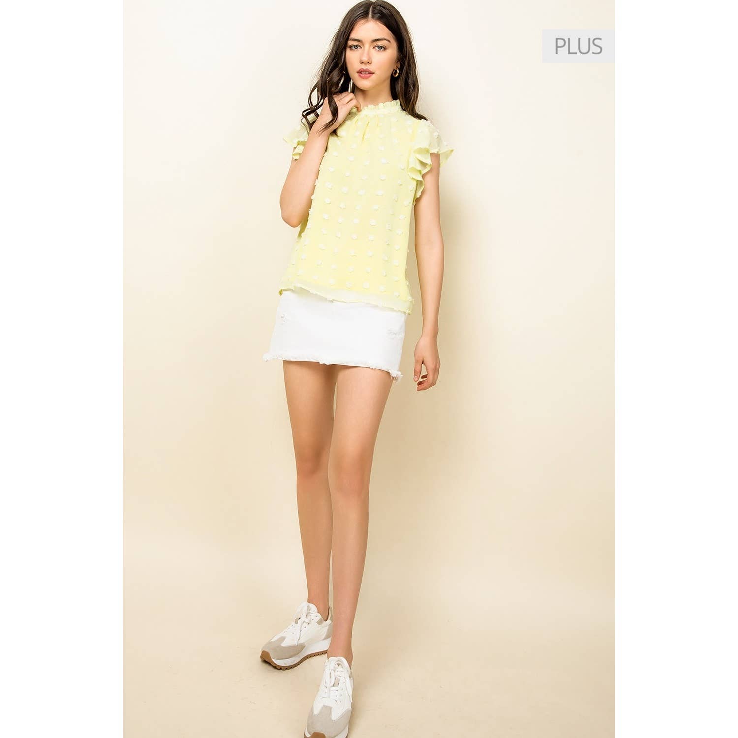 YELLOW /Size XL/ Romantic Pom Dot Top Featuring Draped Flutter Slee for wholesale on Faire7