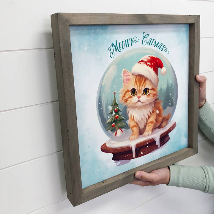 Hangout Home - Wholesale Christmas Wall Art - Meowy Christmas Snow Globe - Funny Holiday Animal Canvas Art