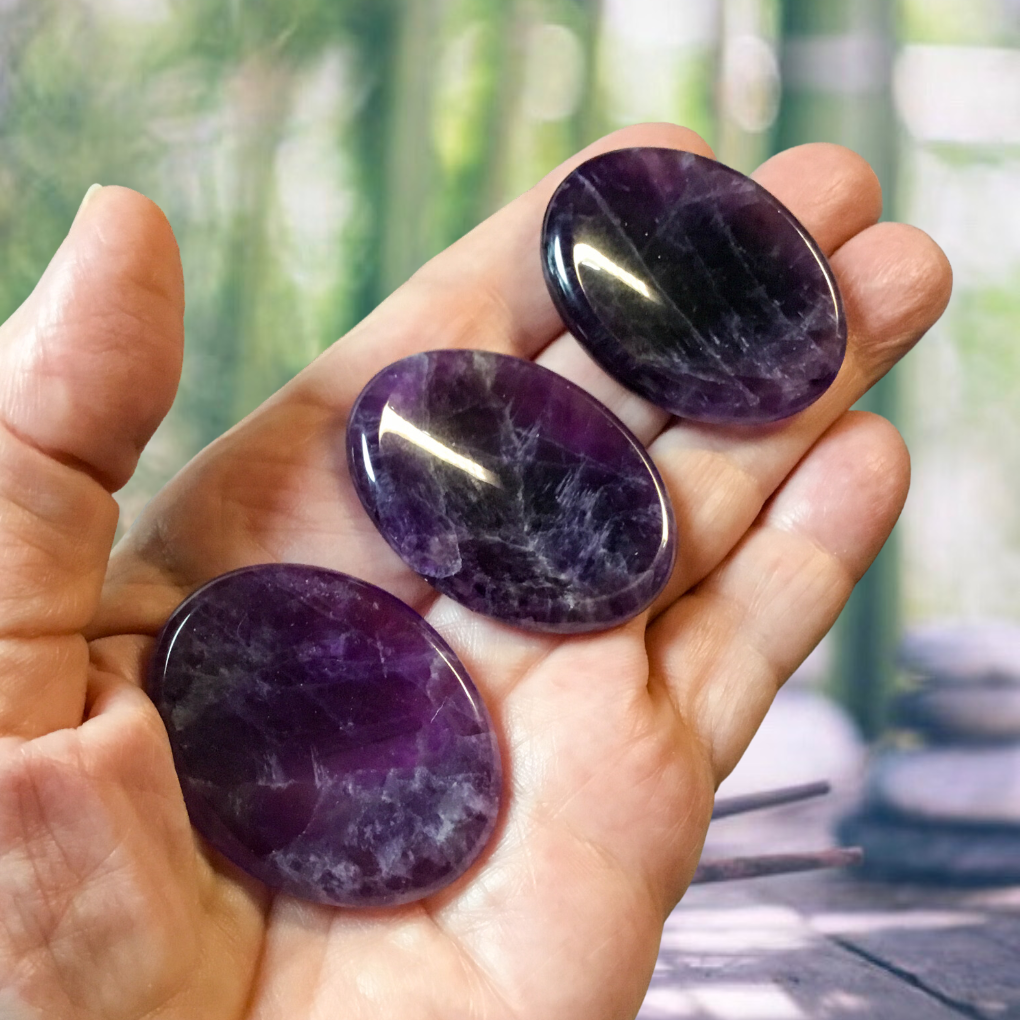 Essential Wellness - Body, Mind, Spirit - Wholesale Spiritual Stone/Crystal - AMETHYST Worry Stone with Information Card Option2